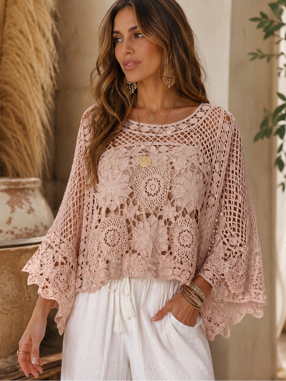 Sundance Crochet Lace Tunic in Blush Pink